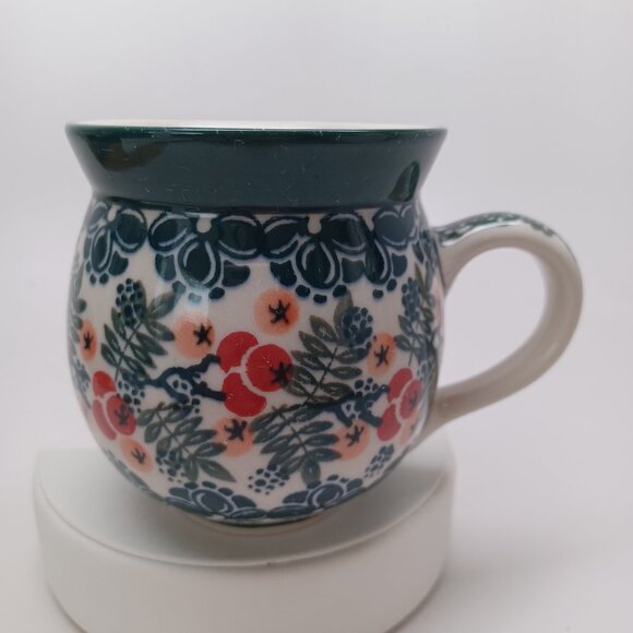 Polish Pottery Floral Coffee Tea Cup Hand Made Poland Green Orange Bubble Mug - Picture 2 of 10